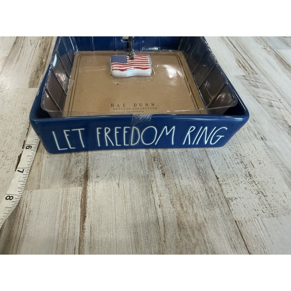 Rae Dunn Let Freedom Ring Napkin Holder & American Flag Weight Patriotic Blue